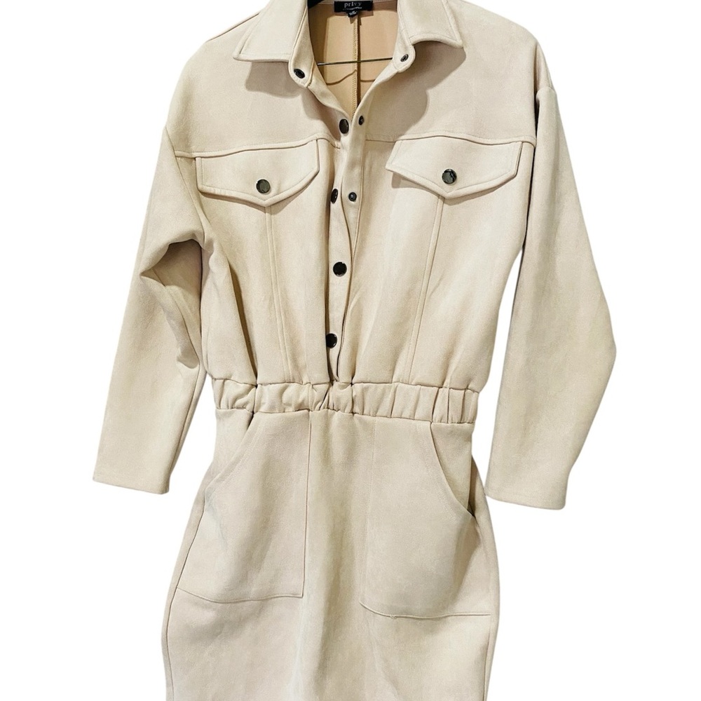 Privy Cream Velvety Dress Medium Collared with Buttons Waist Band & Pockets